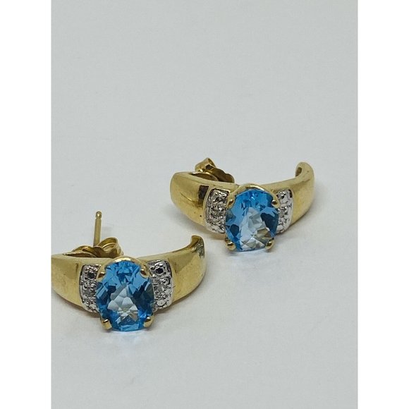 Unknown Jewelry - 10K Yellow Gold Blue Topaz Diamond Earrings Half Hoop